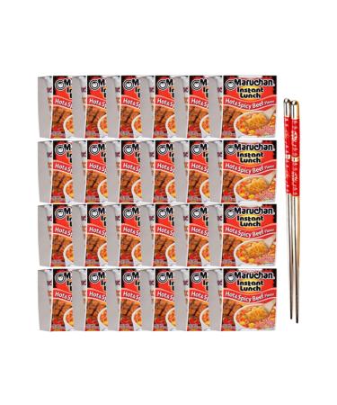 Ja Cor Instant Lunch Ramen Noodle Soup Hot and Spicy Beef Flavor Cup Noodles 2.25 oz Bulk Pack Bundle with 1-Set of Reusable Stainless Steel Chopsticks(24 Packs)