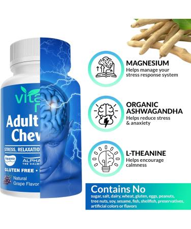 Vital Rise Adult Calm Magnesium Chewables Magnesium Ashwagandha & L-Theanine Supplement for Stress Mood & Relaxation High Absorption Non-GMO Grape Flavor (60 Chewables) - Buy Online on GoSupps.com