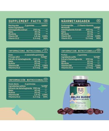 Buy Vegan Ashwagandha Gummy Bears 250mg - High-Dose Anti-Stress with GABA & Rhodiola - Strawberry Flavor - 60 Count | Be So Happy Relax Buddy - Buy Online on GoSupps.com