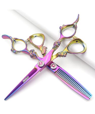 5.5 inch and 6 Inch Purple Hairdressing Scissors Barber Professional Hair Scissors Hand-cutting and Thinning Scissors (6 inch Set)