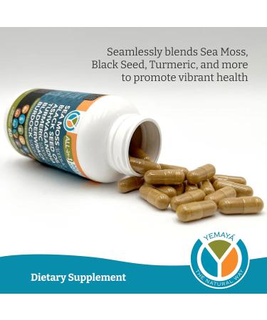 Yemay The Natural Way All-in-1 Multi Mineral Sea Moss Raw Organic Supplement with Organic Seamoss Black Seed Oil Ashwagandha Burdock Root Turmeric Vitamin C & More 60 Vegan Capsules - Buy Online on GoSupps.com