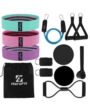 HaroFit Fabric Resistance Bands Set - Booty Bands Glute Bands for Working Out with 15LB Exercise Bands Figure 8 Fitness Bands Door Anchor Handles Ankle Straps 2 Core Sliders,Set of 13 for Home Fitness Green,Pink,Purple