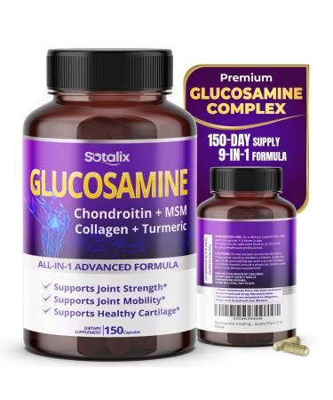 Sotalix Glucosamine 650mg All-in-1 Joint Support with Chondroitin MSM Collagen Turmeric Vitamin D3 & Hyaluronic Acid 150 Capsules Shellfish-Free