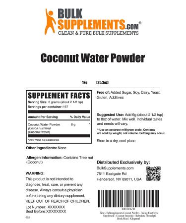BulkSupplements Coconut Water Powder - Electrolyte Drink Powder - 1kg (2.2lbs) Pack - Coconut Flavor - Hydration Supplement - Buy Online on GoSupps.com