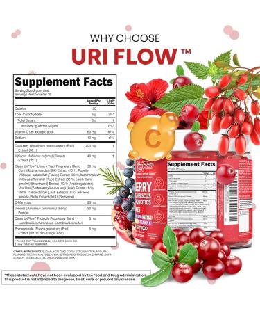Clean Nutra UriFlow Urinary Tract Gummies with Cranberry D-Mannose Pomegranate Uva Ursi Nettle Berberine Probiotics Vitamin C Marshmallow Corn Silk Hibiscus Juniper for UTI Support Capsules Supplement - Buy Online on GoSupps.com