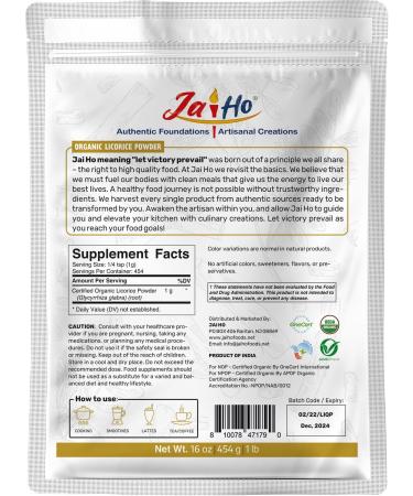 Jai Ho Organic Licorice Root Powder 1 LB - Gluten Free, Vegan, Non-GMO - USDA Certified - Resealable Zip Lock Pouch - Buy Online on GoSupps.com