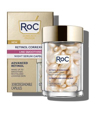 RoC Retinol Correxion Anti-Aging Wrinkle Night Serum, Daily Line Smoothing Skin Care Treatment for Fine Lines, Dark Spots, Post-Acne Scars, 30 Individual Capsules, Unscented, 0.35 Fl Oz Night Serum Capsules