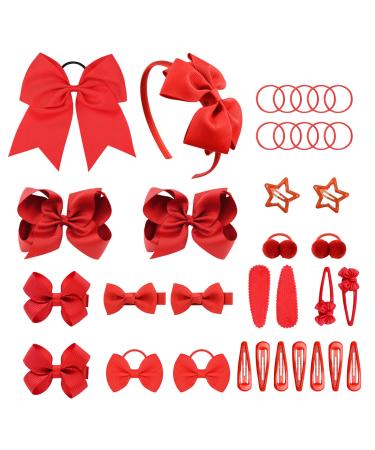 VIKSAUN 35 Pieces Red Girls School Hair Accessories Kit Large Cheer Bow Elastic Hair Band Ponytail Holder Bow Headband Hair Clips Ribbon Hair Barrettes for Toddlers Christmas Birthday Gift (35 pcs)