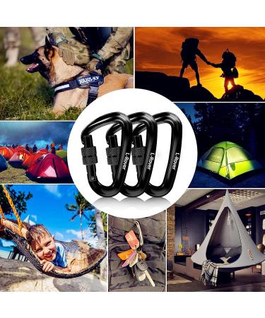 L-Rover Lightweight Locking Carabiner Clips Carabiner Heavy Duty x3/12kN/2645-pound Rating Caribeaners for Hammocks Swing Locking Dog Leash and Harness  Camping Keychains Hiking&Utility 12KN Black/Black - Buy Online on GoSupps.com