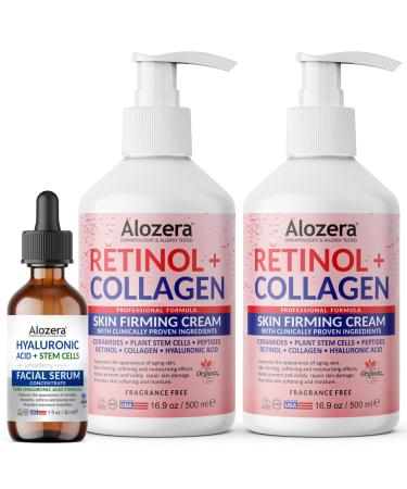 Alozera Retinol Collagen Body Lotion (2-Pack) & Hyaluronic Acid Serum with Stem Cells Firming Hydrating & Anti-Aging Skincare for Face Neck & Body Lightweight Fragrance-Free Made in USA