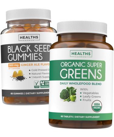 Black Seed Oil Gummies & Super Greens (1-Month) - Daily Green Boost - Black Seed Oil Gummies Ginger Ale Flavor Cold-Pressed Nigella Sativa & Organic Super Greens Complete Super Food Supplement