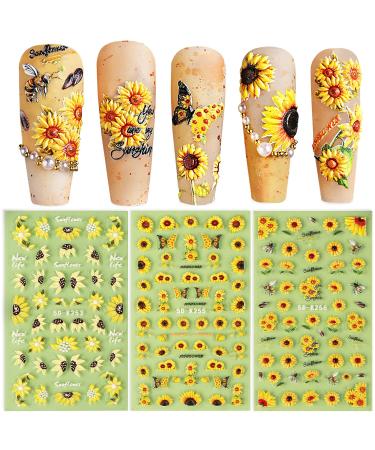 3 Sheets 5D Sunflowers Nail Stickers Summer 5D Embossed Nail Art Decals Self-Adhesive Sunflower Design Nail Art Sticker Manicure Tips DIY Nail Art Nail Decorations for Women Girls