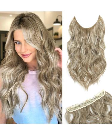 One piece Invisible Wire Hair Extensions Clip in Natural Wavy Synthetic Hair Extension with Transparent Wire Adjustable Size 2 Secure Clips Headband Long Curly Secret Hair Pieces for Women 20inch Mix Ash Blonde
