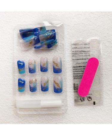 Short Press on Nails - Medium Length Acrylic Nail Set with Gold Lines & Glitter Ombre - 24 Pcs Blue to Transparent Gradient - Full Cover Glue on Nails for Women - Buy Online on GoSupps.com