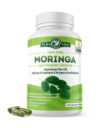 PURA VIDA MORINGA Moringa Capsules Single Origin Organic Moringa Powder. Moringa Leaf. Energy, Metabolism, & Immune Support. 120ct. 500mg Caps. 120 Count (Pack of 1)