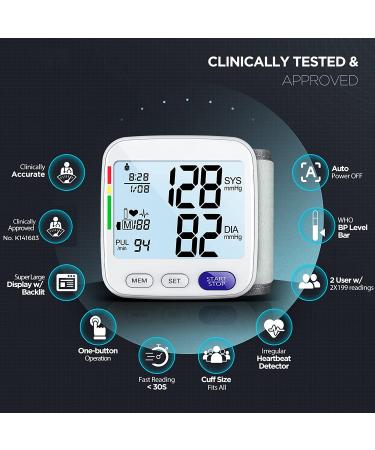 XL Wrist Blood Pressure Monitor - Accurate Automatic Digital Machine, Large LCD w/ Backlit, 2x199 Memory, Irregular Heartbeat Detector - White - Buy Online on GoSupps.com