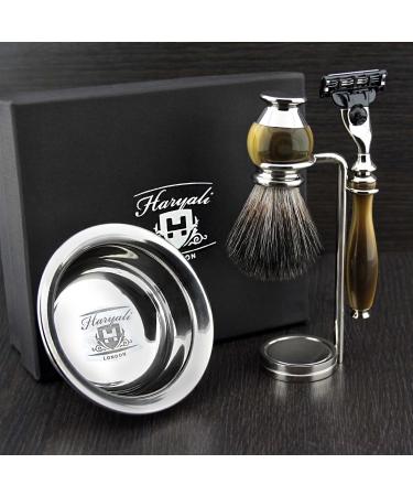 4 Pc Mens Shaving Kit 3 Edge Razor With Black Badger Hair Shaving Brush Stand and Stainless Steel Bowl Perfect Set For Men
