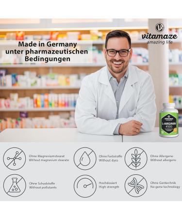 High Strength L-Arginine 4500mg - 360 Capsules - Sport Performance Booster - Pure German Quality - Vitamaze - Buy Online on GoSupps.com