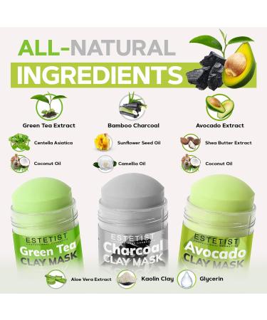 Green Tea Avocado Charcoal Clay Mask Stick Set - Purifying & Replenishing Skin Care Pack of 3 - Blackhead Remover, Anti-Acne Treatment, Deep Pore Cleanser - Gift for Women - Buy Online on GoSupps.com