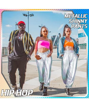Women's Metallic Shiny Hip Hop Pants - 70s Disco Punk Trousers for Carnival, Halloween, Rave Dance Party - Silver - Buy Online on GoSupps.com