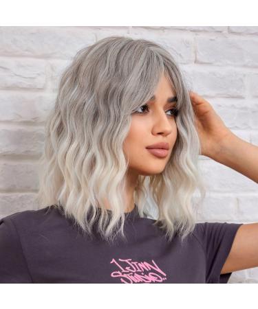 WOKESTAR Bob Curly Wig with Fringe Short Synthetic Wavy Wigs for Women Grey Color 12 inch Grey