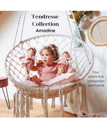 Kaloo Tendresse Amandine Soft Doll - 25cm Pink Muslin Dress, Olive Skin - Gift Box with Customisable Ribbon - Buy Online on GoSupps.com