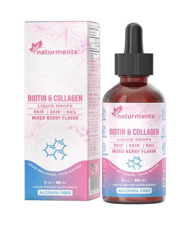 Naturments Liquid Biotin & Collagen Supplement: Strong Hair Skin Nail Joints Support- for Healthy Hair Growth for Men & Women Non-GMO Alcohol-Free Sugar-Free 2 Fl Oz- 60mL