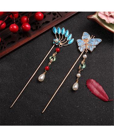 Chinese Hair Chopsticks  2PCS Hair Stick Butterfly and Pteris Pearl Hair Pins Vintage Chignon Hair AccessoriesHeadwear with Tassel-01 2 Pcs-01