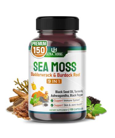 Organic Sea Moss Capsules with Black Seed Oil Ashwagandha Burdock Root Bladderwrack for Immune System Gut Skin & Energy (150 Count (Pack of 1)) 150 Day Supply (Pack of 1)