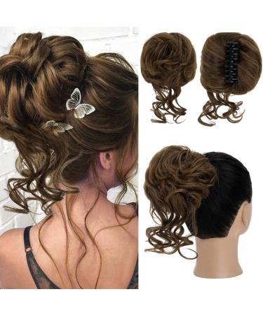 S-Noilite Claw Clip Messy Bun Hair Pieces Tousled Updo Hair Bun Hair Chignon Curly Wavy Hair Scrunchies Synthetic Ponytail Hair Extensions for Women - Light Brown to Dark Blonde 8T27