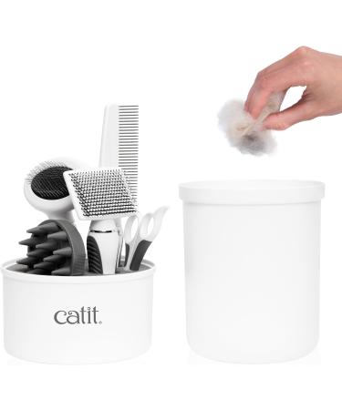 Catit Grooming Kit for Shorthaired Cats | 5-Piece Canister Set with Rubber Palm Brush, Nylon & Metal Slicker Brushes, Fine Comb, Curved Nail Clippers | White, Black, Grey | Short Hair - Buy Online on GoSupps.com