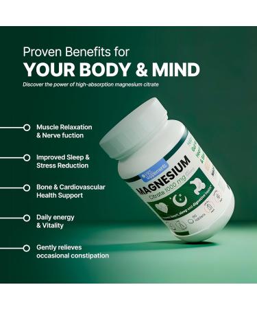Magnesium Citrate 1000mg Tablets High Absorption Supplement for Muscle Function Bone Strength Nerve Health & Relaxation Non-GMO Gluten-Free Supports Energy & Calmness 60 Tablets - Buy Online on GoSupps.com