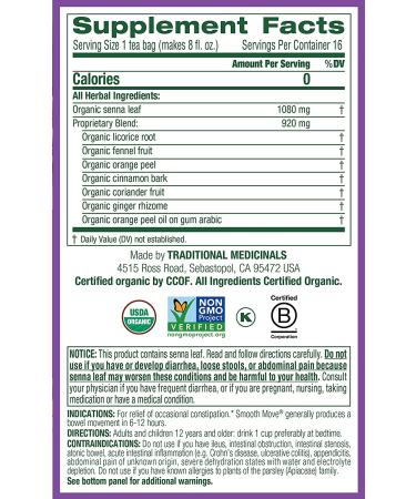 Organic Smooth Move Laxative Tea - Caffeine Free Senna Herbal Tea (16 Bags) - Buy Online on GoSupps.com
