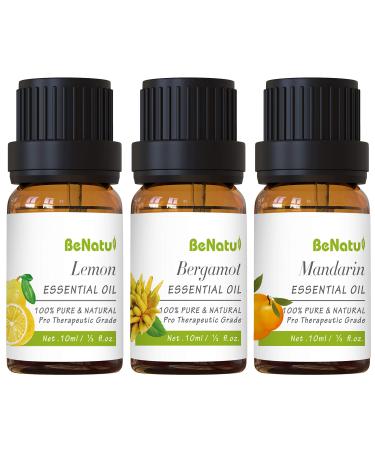 Citrus Essential Oils Set (Lemon, Bergamot, Mandarin) for Diffuser, Skin Care, Soap Making - Pure and Natural Kit for Home Cleaning, Body Massage - by benatu Lemon/Citrus/Bergamot