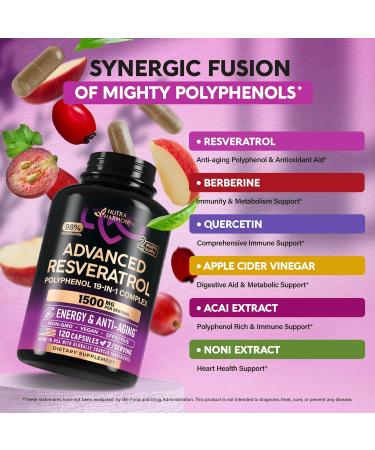 Resveratrol Supplement - 19-in-1 Organic Polyphenol Complex - Noni Extract | Berberine | Quercetin | Apple Cider Vinegar | Acai - Made in USA - Antioxidant & Heart Health Support - 120 Capsules - Buy Online on GoSupps.com