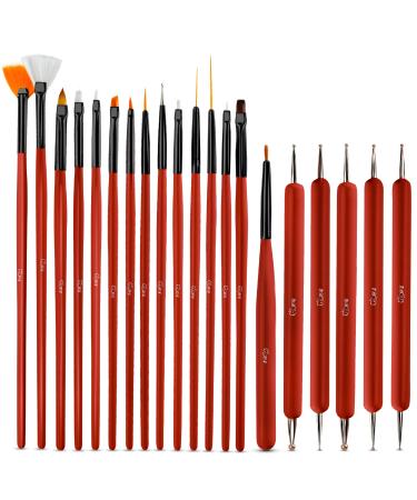 Glow 20 Piece Nail Art Brushes and Dotting Tools Kit Premium Quality - Perfect For Beginners & Professionals Practical Affordable Kit With Wooden Handle Red Colour