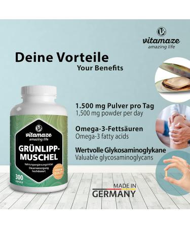 Green Lipped Mussel 1500mg - Omega-3 & Glycosaminoglycans - 300 Capsules | Pure New Zealand Powder Supplement for Cartilage and Joints | German Quality - Buy Online on GoSupps.com