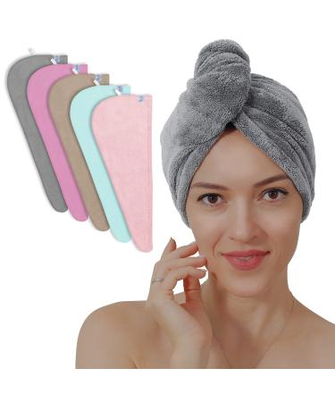 TENSTARS 5 Pack Thicken Microfiber Hair Towel Wrap for Women - Elastic Loop Design - 320GSM Coral Velvet - Quick Dry Hair Turban - 11x28 Inch (Grey+Pink+Brown+FrozenBlue+FrozenBerry) Grey+pink+brown+frozenblue+frozenberry 5