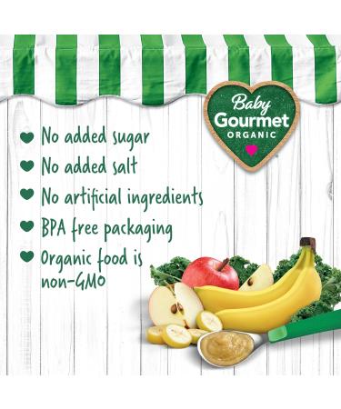 Baby Gourmet Organic Puree Baby Food Pouches - Banana Apple Kale - No Added Sugar Or Salt Non GMO No Fillers Gluten Free Kosher - (128ml) 12 Pack - Buy Online on GoSupps.com