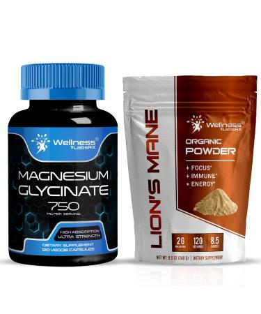 WELLNESS LABSRX Magnesium Glycinate Capsules 750mg - Lions Mane Powder 2000mg