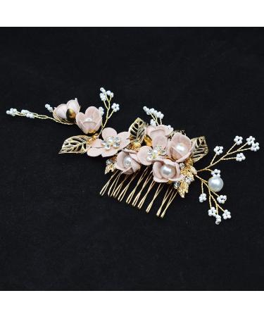 Wedding Hair Accessories Fanvoes Hair Pieces Comb for Bride Bridal - Gold Headpiece Barrette w/Handmade Pink Flower Ivory Pearl Rhinestone - Buy Online on GoSupps.com