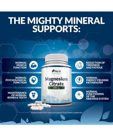 Magnesium Citrate 200mg | 180 Tablets | 6 Month Supply | UK Made by Nu U Nutrition - Buy Online on GoSupps.com