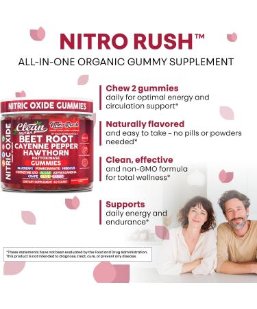 Nitro Rush Nitric Oxide Gummies Beet Root Cayenne Pepper Pomegranate Vitamin C Hawthorn Nattokinase Blueberry Hibiscus Coenzyme Q10 Algae Ashwagandha Root Grape Olive Garlic 60 Count by Clean Nutra - Buy Online on GoSupps.com