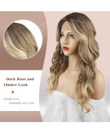 Buy Fine Long Wavy Ombre Blonde & Brown Lace Front Wig - 65 cm Natural Synthetic Hair Waves for Women - Buy Online on GoSupps.com