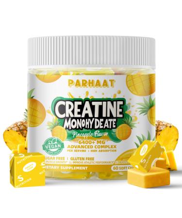 Creatine Monohydrate Chews Complex 6400mg for Men & Women -Advanced Formula W/L-Taurine + Vitamin B12 Sugar Free Chewable Supplement 60 Pineapple Softchews