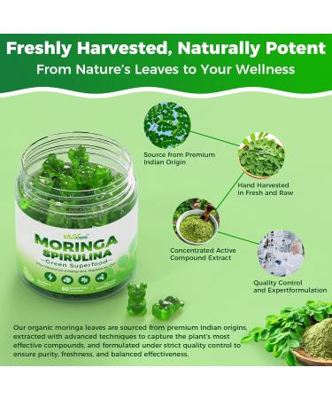 Organic Moringa Spirulina Gummies 1000mg of Pure Nutrient-Rich Moringa Extract w/ Vitamin D3 B12 Magnesium Zinc Wheatgrass & Chlorella for Energy Immune Gut Support Green Antioxidant Superfood 60 Count (Pack of 2) - Buy Online on GoSupps.com