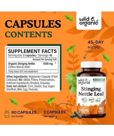Wild & Organic Stinging Nettle Leaf Capsules - 1000 mg Stinging Nettle Extract for Urinary Support - 90 Vegan Herb Capsules - 45 Days Supply - Non-GMO Gluten-Free No Fillers 90 Count (Pack of 1) - Buy Online on GoSupps.com