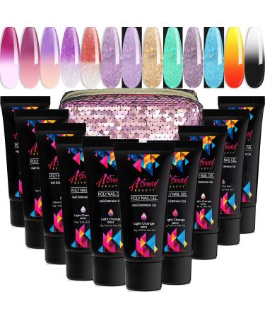 Astound Beauty Poly Nail Gel Kit with 10 Mixed Color Gel (Sunlight Color Change and Glow in the Dark)