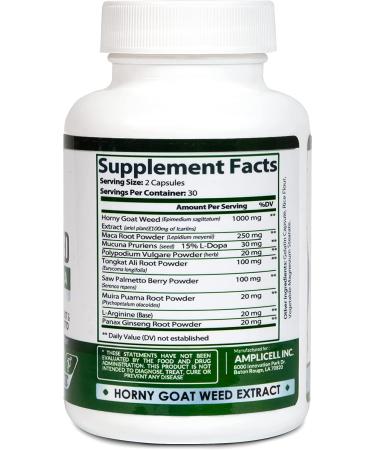 Horny Goat Weed Capsules - Natural Male & Female Enhancer with L-Arginine, Tongkat Ali, Panax Ginseng & Maca Root - Mood Boost & Energy Pills - 60 Count - Buy Online on GoSupps.com