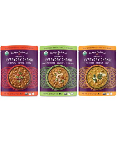 MAYA KAIMAL Organic Indian Everyday Chana Variety Pack - 10oz, PACK of 3 - 3 Flavors: Tomato & Onion, Coconut & Kale, Coconut & Green Chili | Microwaveable, Ready to Eat, Fully Cooked Chickpeas, Vegan Variety Pack 1 Count (Pack of 3)